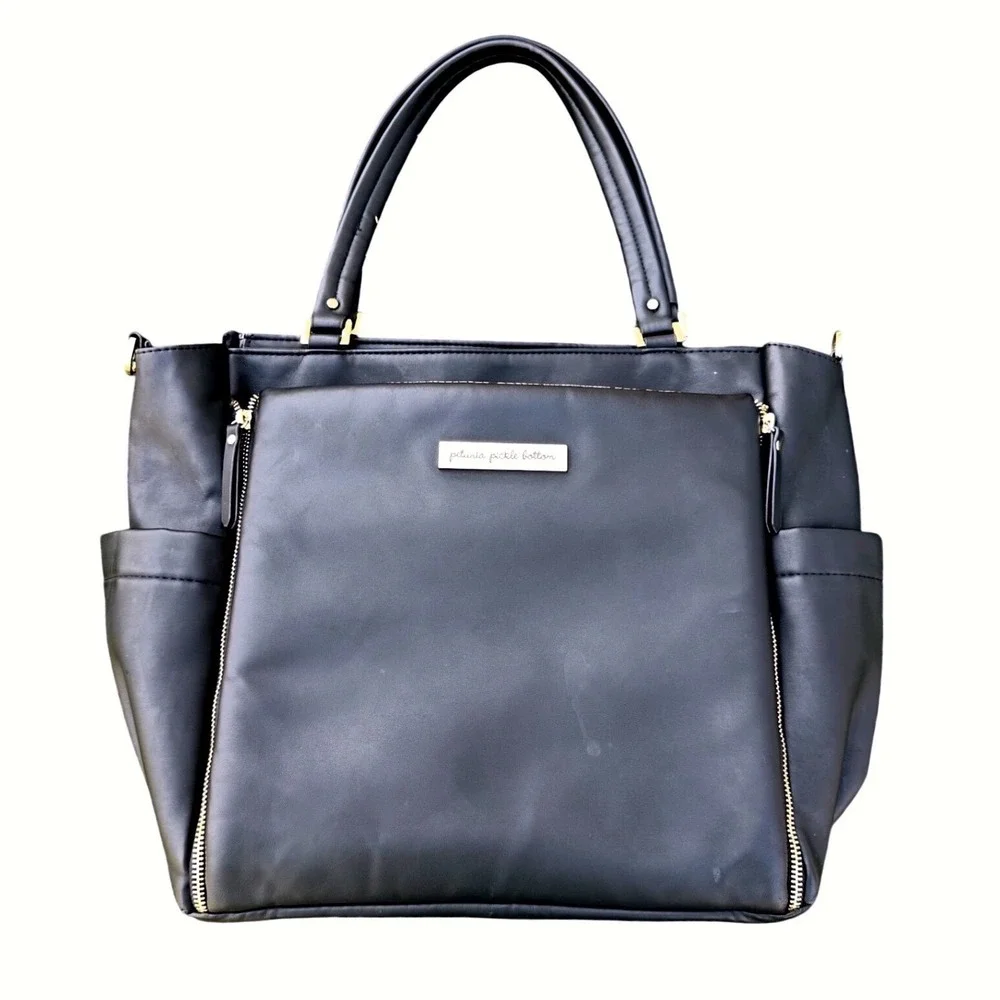 Petunia Pickle Bottom City Carryall Tote Black Faux Leather Diaper Bag